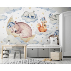 Eine Fototapete mit schlafenden Tieren im kindgerechten Design für das Kinderzimmer.