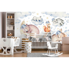 Eine Fototapete mit schlafenden Tieren, ideal für das Babyzimmer.