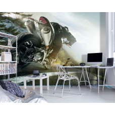 Fototapete schnelles Motorrad in den Bergen mit einem beeindruckenden Blick auf eine lange Straße und schöne Berge, perfekt für das Spielzimmer.