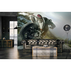 Fototapete schnelles Motorrad in den Bergen mit einem beeindruckenden Blick auf eine lange Straße und schöne Berge, perfekt für die Manncave.