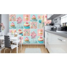 Eine Fototapete mit rosa und blauen Keksen und Süßigkeiten für das Kinderzimmer und Babyzimmer.