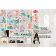 Eine Fototapete mit Süßigkeiten und Cupcakes in rosa und blau, geeignet für die Bäckerei.