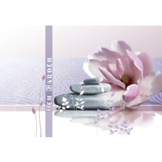 Zen-Garten-Fototapete, mit rosa Steinen und Blumen, ideal für eine ruhige und beruhigende Atmosphäre.