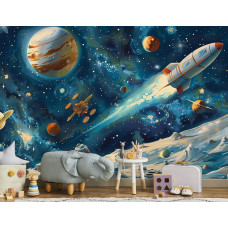 Eine Fototapete mit einem Space Adventure-Thema, passend für ein Jungenzimmer oder Kinderzimmer.