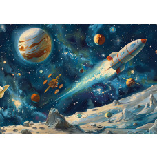 Fototapete von einem Space Adventure mit Raumfahrt, Planeten und Sternen, perfekt für Kinder, die den Weltraum lieben.