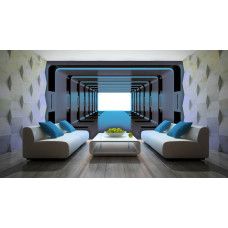 Eine Fototapete mit einem futuristischen Weltraumtunnel in 3D, perfekt für ein Spielzimmer.