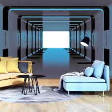 Eine Fototapete mit einem Weltraumtunnel in 3D-Ansicht, ideal für ein Wohnzimmer.