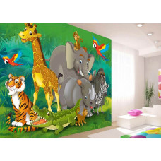 Ein stilvolles Kinderzimmer mit einer Fototapete mit verspielten Tieren aus dem Dschungel wie Elefant, Giraffe, Nashorn, Zebra, Tiger und Krokodil.