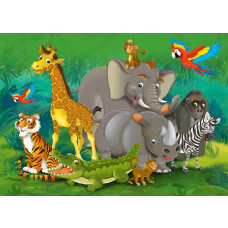 Fototapete mit verspielten Tieren aus dem Dschungel wie Elefant, Giraffe, Nashorn, Zebra, Tiger und Krokodil.