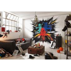 Eine Fototapete von Spider-Man mit Farbexplosion, die im Kinderzimmer zu sehen ist.