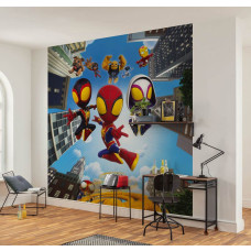 Tapete mit Spidey und seinen Freunden in Aktion im Kinderzimmer zwischen Hochhäusern und einer farbenfrohen Stadtkulisse