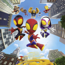 Tapete mit Spidey, Miles Morales und Ghost-Spider, die zwischen hohen Wolkenkratzern durch die Stadt fliegen.