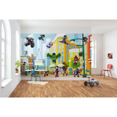 Fototapete Spidey und Freunde in der Stadt in einem Kinderzimmer mit bunten Marvel Superhelden zwischen Gebäuden und Straßen.