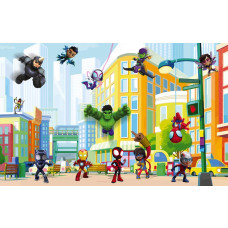 Fototapete Spidey und Freunde in einer farbenfrohen Stadtlandschaft mit Hulk, Iron Man, Ghost Spider und weiteren Marvel Helden.