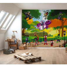 Fototapete Spidey und Freunde auf Schatzsuche in einem Kinderzimmer mit Superhelden in einem grünen Stadtpark.