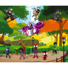 Fototapete Spidey und Freunde auf Schatzsuche in einem farbenfrohen Park mit Hulk, Ghost Spider und weiteren Marvel Helden.