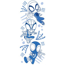 Spidey Tapete mit minimalistischen blauen Illustrationen von Spidey, Ghost-Spider und Miles Morales auf weißem Hintergrund.