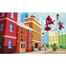 Fototapete mit Spidey und seinen Freunden in einer farbenfrohen Stadt mit hohen Gebäuden und breiten Straßen.