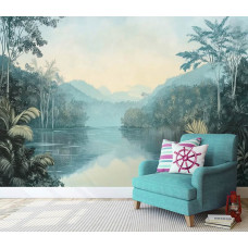 Fotobehang van een spiegelend meer in tropisch oerwoud in een stijlvol ingericht kantoor.