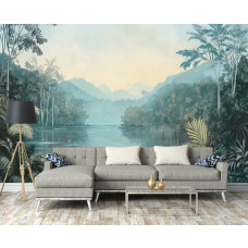 Fotobehang met een spiegelend meer in het oerwoud, geplaatst in een woonkamer met moderne inrichting.