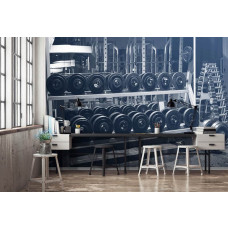 Eine Fototapete mit Fitnessgeräten und Hanteln, perfekt für ein Wohnzimmer.