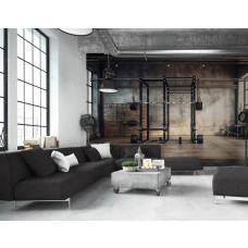 Eine Fototapete, die Hanteln und Gewichte in einer Fitnessstudio-Umgebung zeigt, gedruckt auf Airtex-Vliestapete.