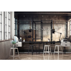 Eine Fototapete, die eine Powerzone in einem Fitnessstudio mit Hanteln und Gewichten zeigt, geeignet für ein Büro.