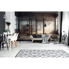 Eine Fototapete, die eine Fitnessstudio-Umgebung mit Hanteln und Fitnessgeräten zeigt, geeignet für ein Wohnzimmer.