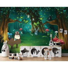 Eine magische Fototapete eines Märchenwaldes für Jungen und Mädchen, die im Spielzimmer zu sehen ist.