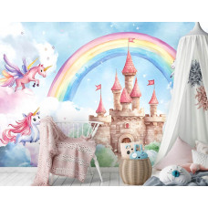 Fototapete mit einem Märchenschloss und Einhörnern in Aquarell, mit einem sanften Regenbogen und Wolken, perfekt für ein Babyzimmer.