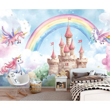 Fototapete mit einem Märchenschloss, einem Regenbogen und Einhörnern in einem magischen Paradies, perfekt für ein fröhliches Kinderzimmer.