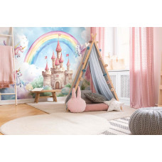 Magische Fototapete mit einem Märchenschloss, einem Regenbogen und fliegenden Einhörnern in sanften Tönen, speziell für ein Mädchenzimmer.
