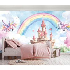 Märchenhafte Fototapete mit einem Regenbogen, einem Schloss und Einhörnern in sanften Aquarellfarben, ideal für ein Mädchenzimmer.