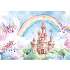 Fototapete mit einem Märchenschloss in einem magischen Einhorn-Paradies mit einem Regenbogen, fliegenden Einhörnern und sanften Aquarellfarben.