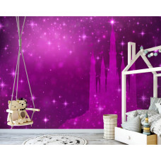 Eine Fototapete mit einer Prinzessin in einem Märchenschloss mit Sternen für das Mädchenzimmer.