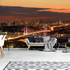 Fototapete mit Blick auf eine Brücke und Stadtbeleuchtung für das Wohnzimmer.