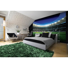 Fototapete mit brasilianischer Flagge und Fußballfeld in einem Stadion, geeignet für Schlafzimmer und Kinderzimmer.