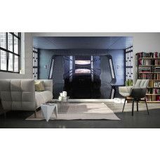 Eine Star Wars Fototapete mit dem Todesstern in einem dunklen Raum.