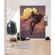 Eine Fototapete mit einer Fluchtszene aus Star Wars The Mandalorian, sichtbar in einem Kinderzimmer.