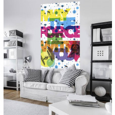 Eine Fototapete mit Star Wars Pop Neon Geometrics mit Vader, die in einem Kinderzimmer zu sehen ist.