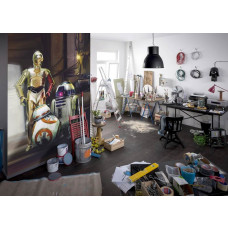 Eine Star Wars Fototapete mit den Droiden C-3PO, R2-D2 und BB-8.