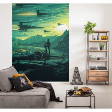 Eine Fototapete eines X-Wing Angriffs auf Takodana aus Star Wars, sichtbar in einem Wohnzimmer.