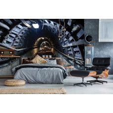 Eine Fototapete mit einem Kohlebergwerk mit 3D-Effekt, perfekt für ein abenteuerliches Kinderzimmer.