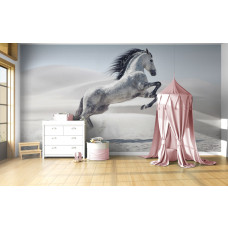 Fototapete mit einem weißen Pferd in Sanddünen in einem ruhigen Kinderzimmer für ein Mädchen.