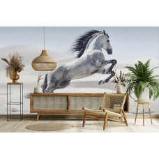 Fototapete Pferd in weiter Sandlandschaft im großzügigen Wohnzimmer mit neutralen Farben.