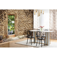 Eine Fototapete mit einer Steinwand und 3D-Effekten in der Nähe eines Teichs in der Küche.