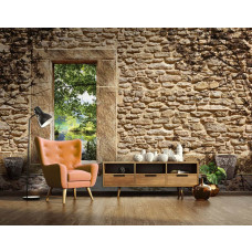 Eine Fototapete mit einer Steinwand und 3D-Effekten in der Nähe eines Teichs im Wohnzimmer.