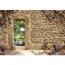 Fototapete einer Steinwand mit realistischen 3D-Effekten eines Teichs.