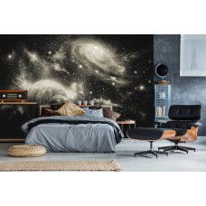 Eine Fototapete mit Sternen und Planeten in einem mystischen Weltraumdesign, ideal für ein Schlafzimmer.