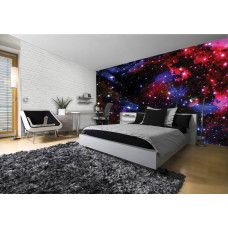 Eine Fototapete mit einer Galaxie in einer ruhigen Weltraumumgebung, ideal für ein Kinderzimmer.